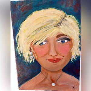Original acrylic painting of woman with pearls, “Lola”, on 5x7 canvas.